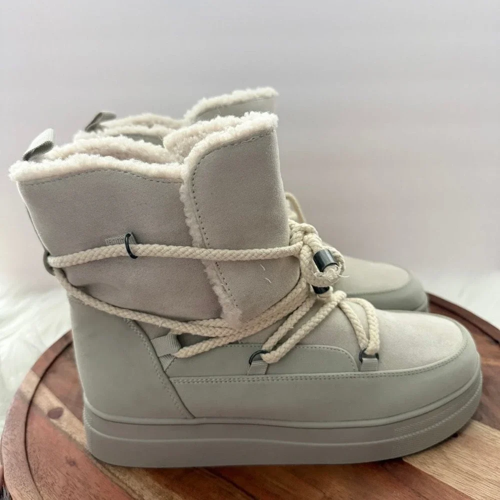MIA Disa Womens Off White Faux Fur Lined Rope Lace Up Winter Boots 7.5 GS1500712